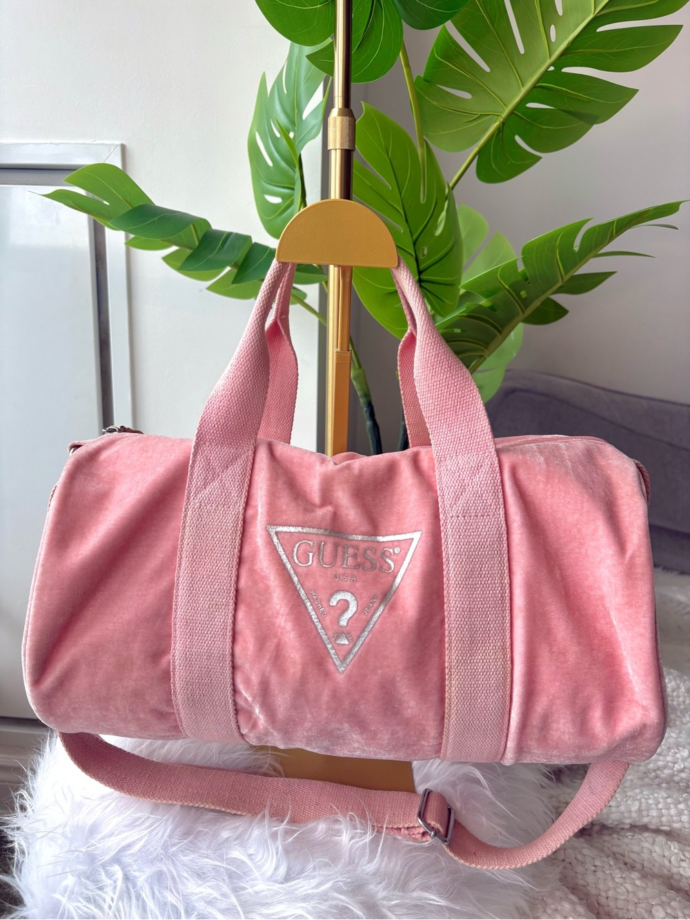 Vintage Y2K GUESS Pink Velvet Velour Duffle Weekender Travel Bag